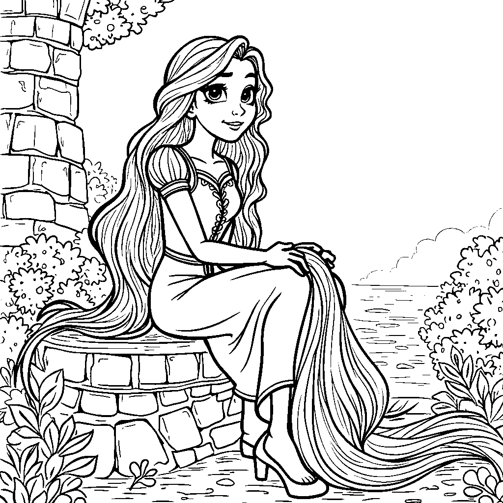 Rapunzel brushing her long golden hair