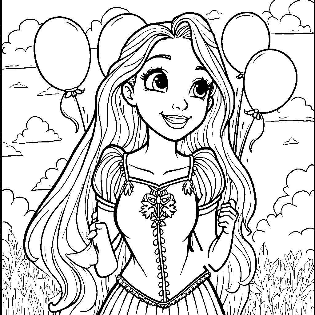 Rapunzel holding a bouquet of balloons