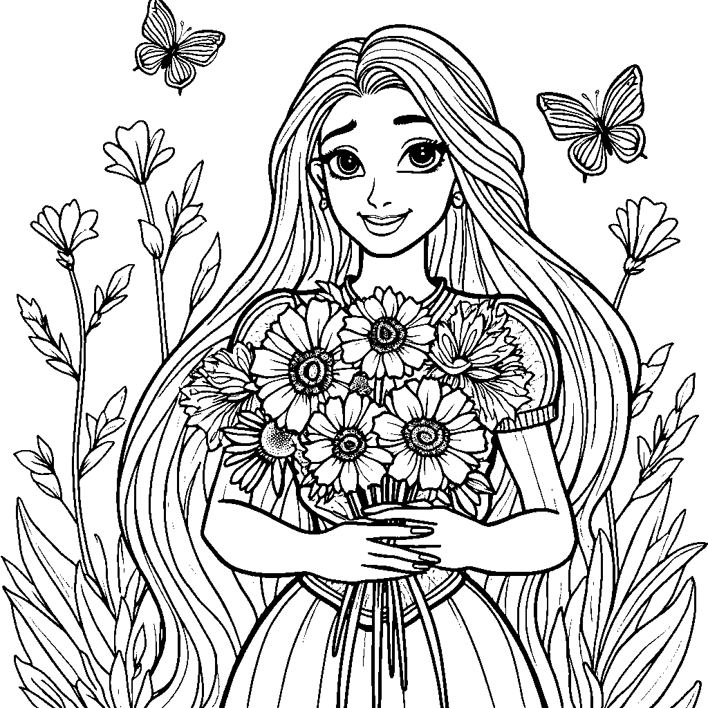 Rapunzel holding a bouquet of colorful flowers