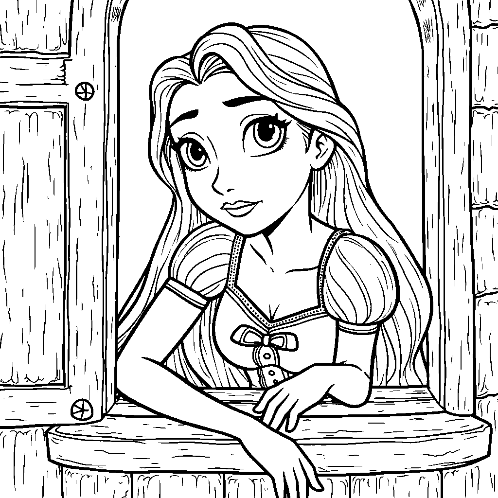 Rapunzel peeking out of her tower window