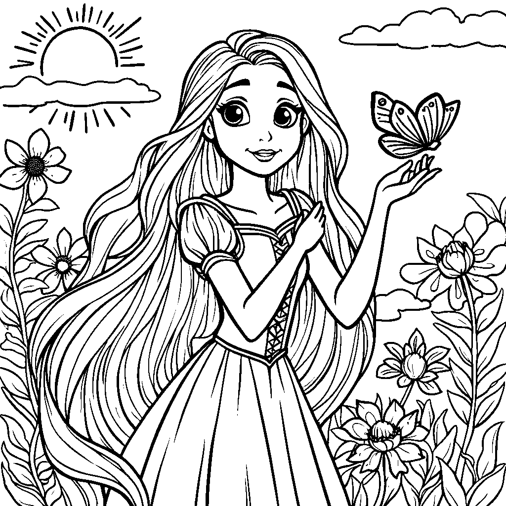 Rapunzel playing with a butterfly