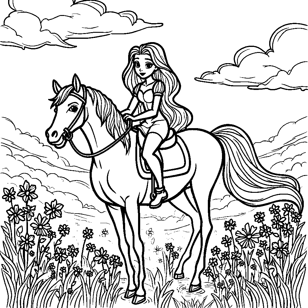 Rapunzel riding a horse in a beautiful meadow