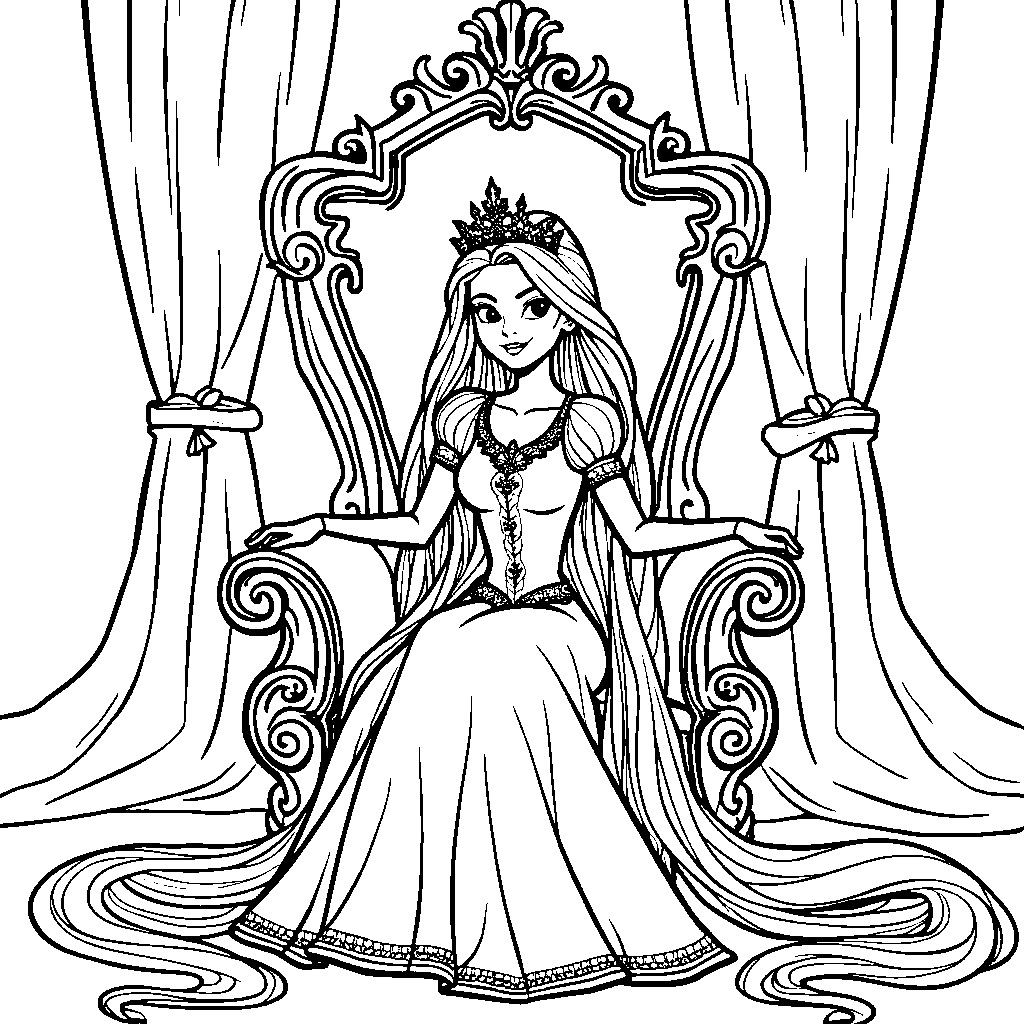 Rapunzel sitting on a throne with a crown