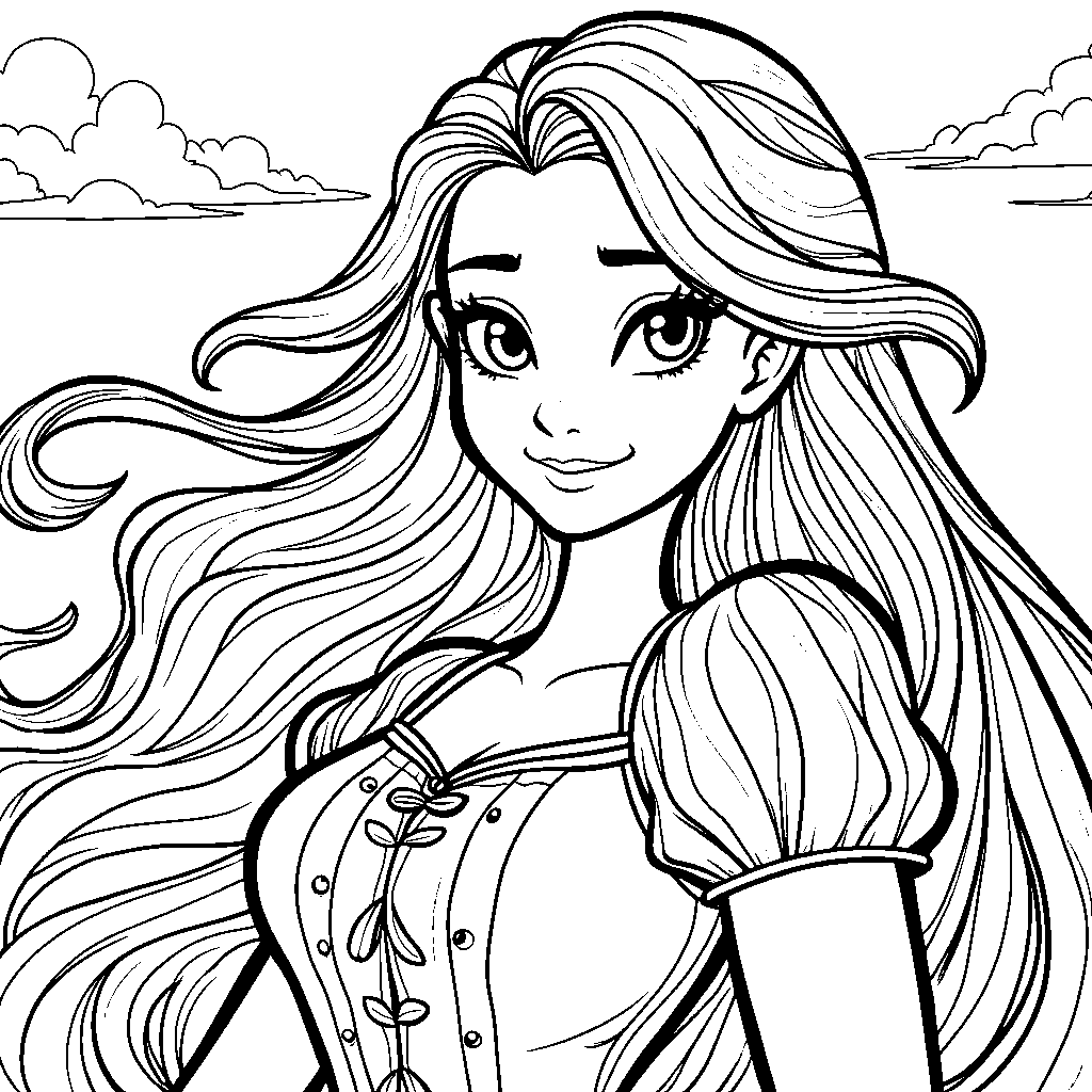 Rapunzel's hair flowing in the wind