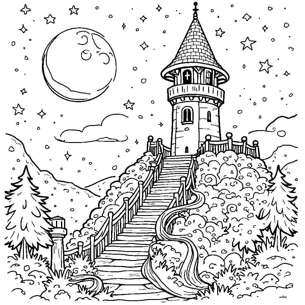 Rapunzel's tower surrounded by sparkling stars