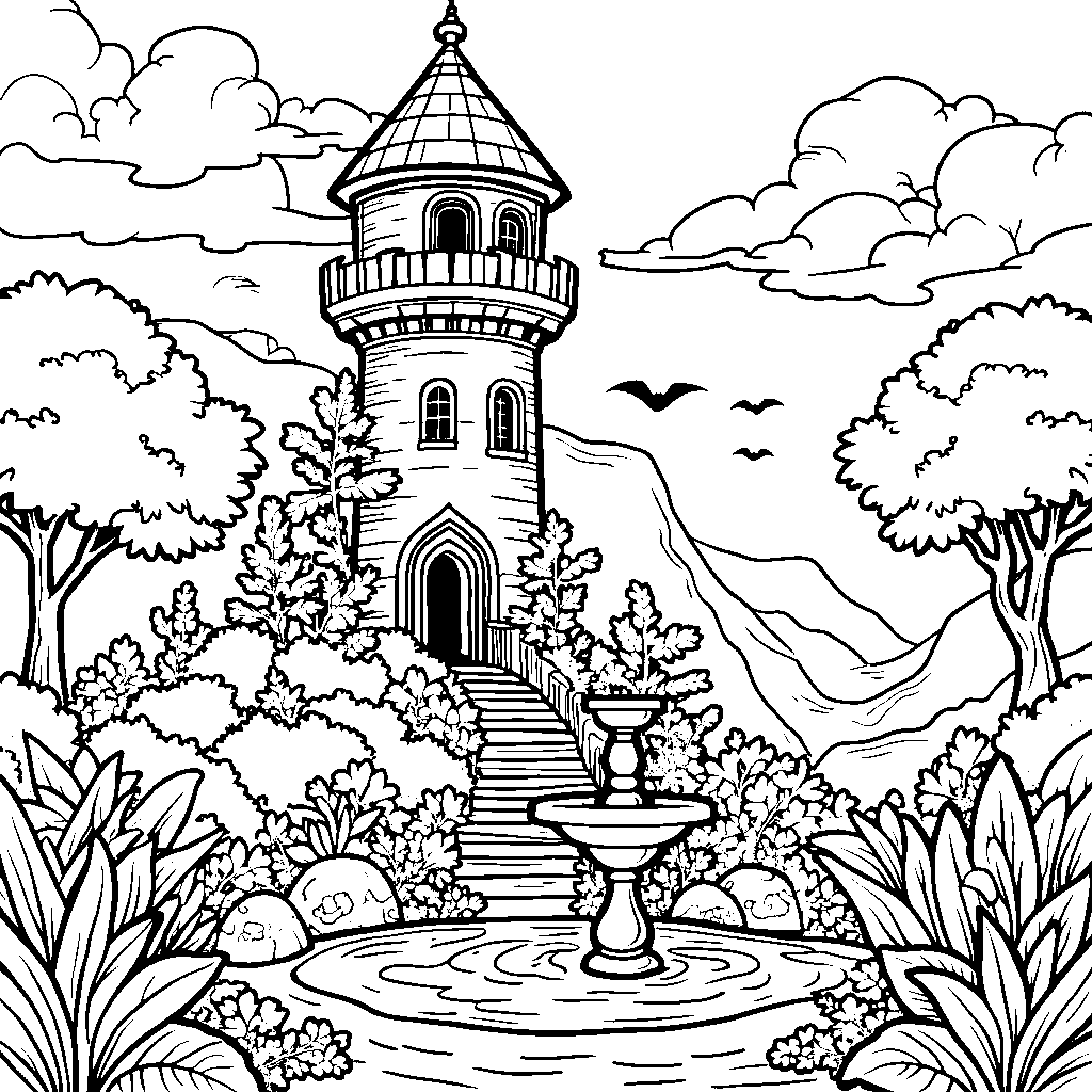 Rapunzel's tower with a beautiful fountain