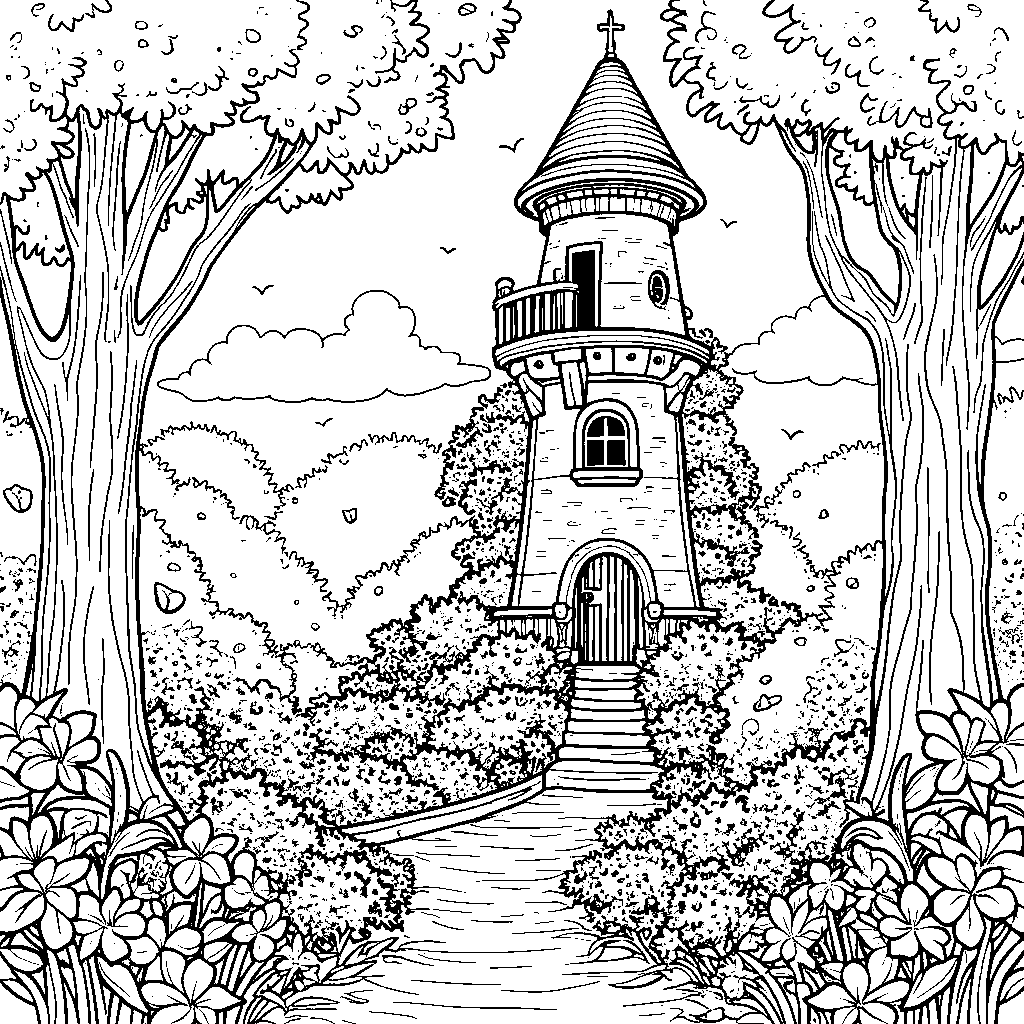 Rapunzel's tower with a beautiful garden