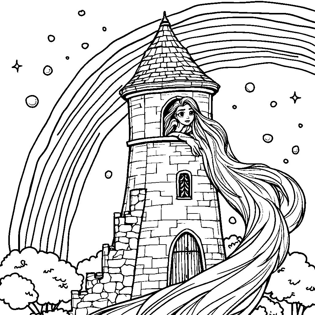 Rapunzel's tower with a beautiful rainbow