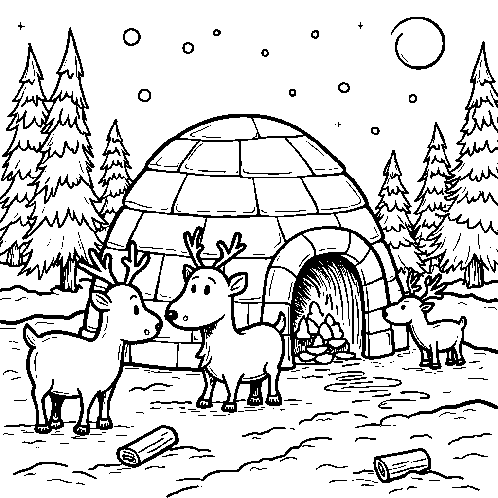 Reindeer building an igloo in the snow