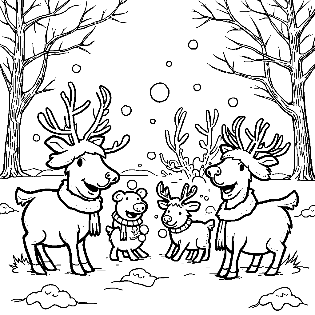 Reindeer family having a snowball fight