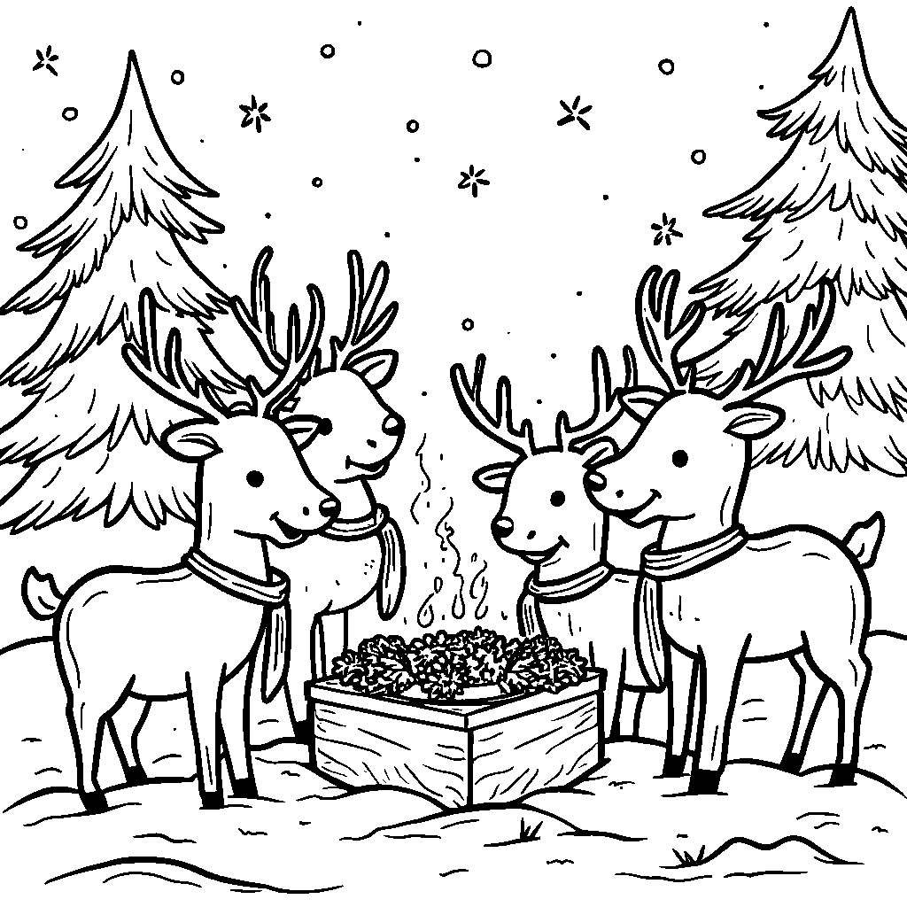 Reindeer having a picnic in a winter wonderland