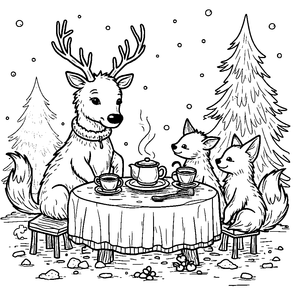 Reindeer having a tea party with some friendly arctic animals