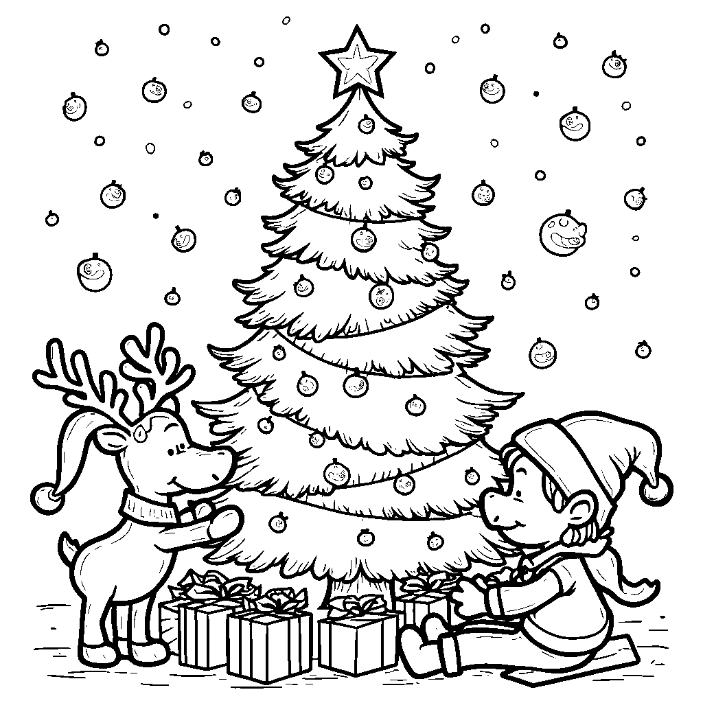 Reindeer helping an elf decorate a Christmas tree