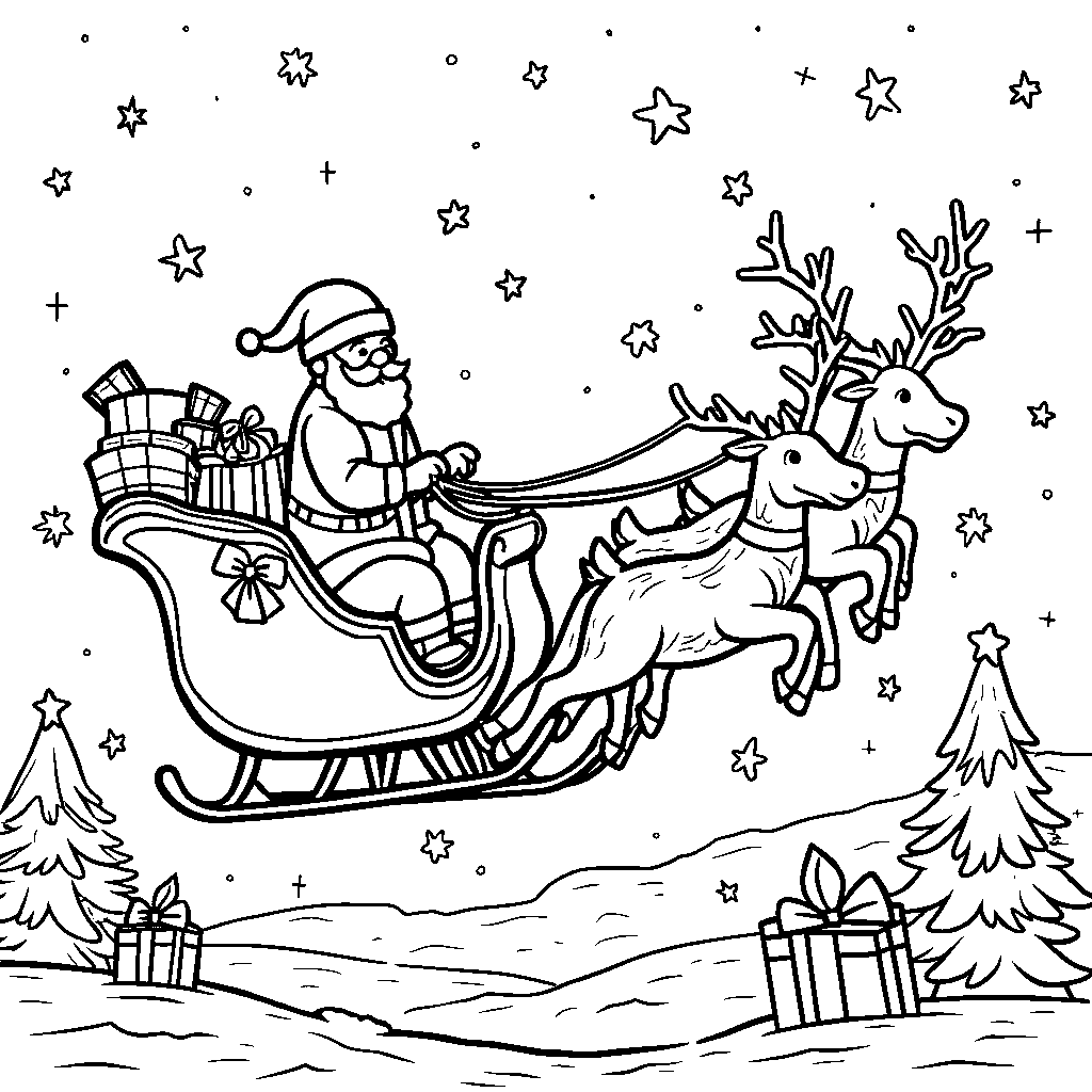 Reindeer helping Santa deliver presents on Christmas Eve