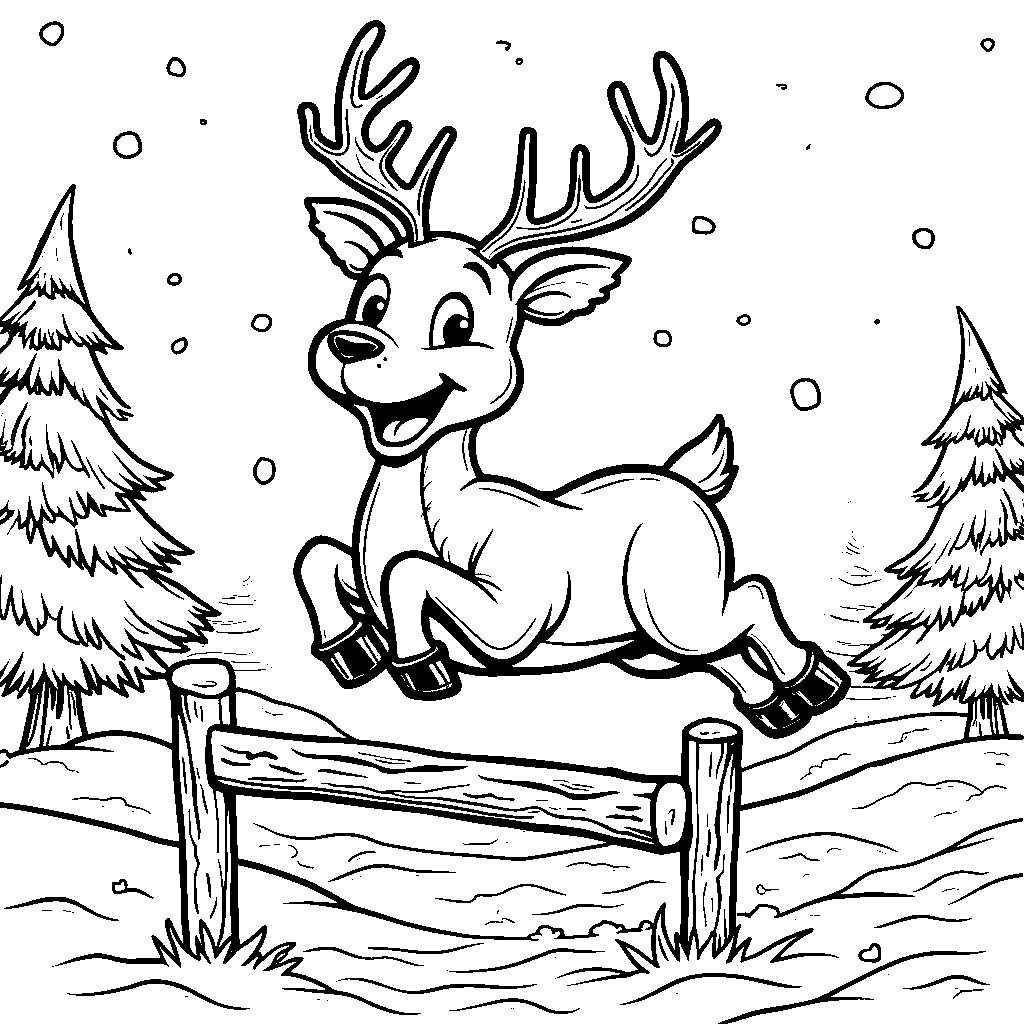 Reindeer jumping over a snow-covered obstacle course