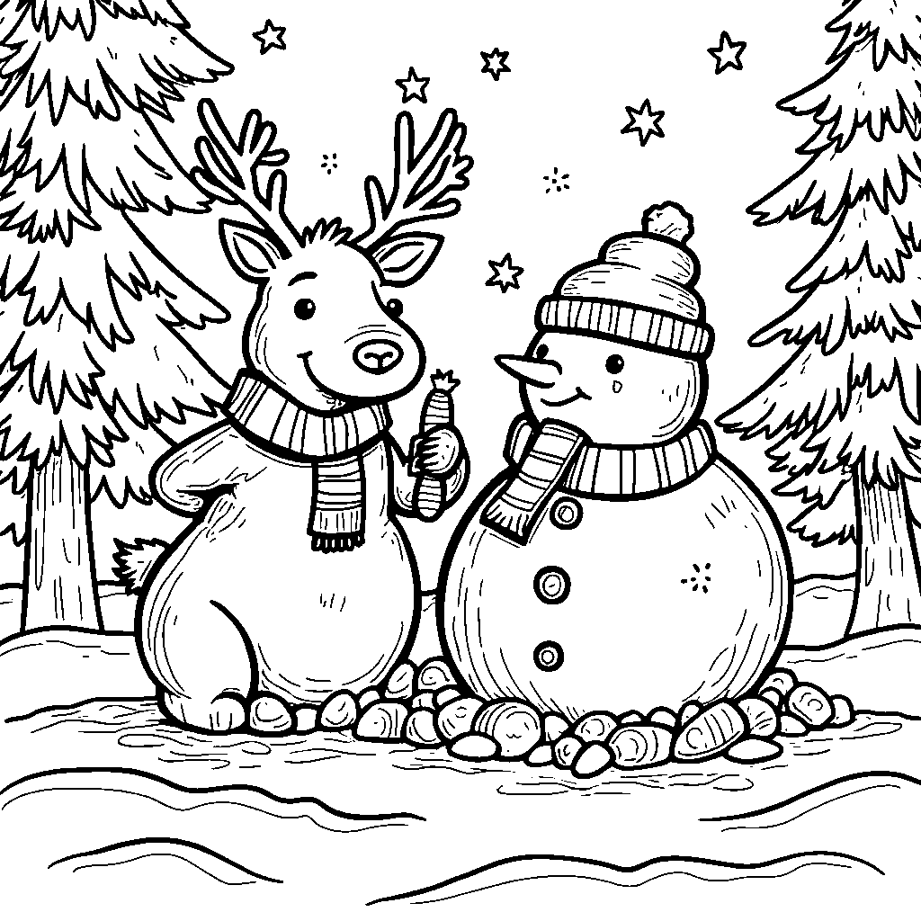 Reindeer making a snowman with carrots and coal