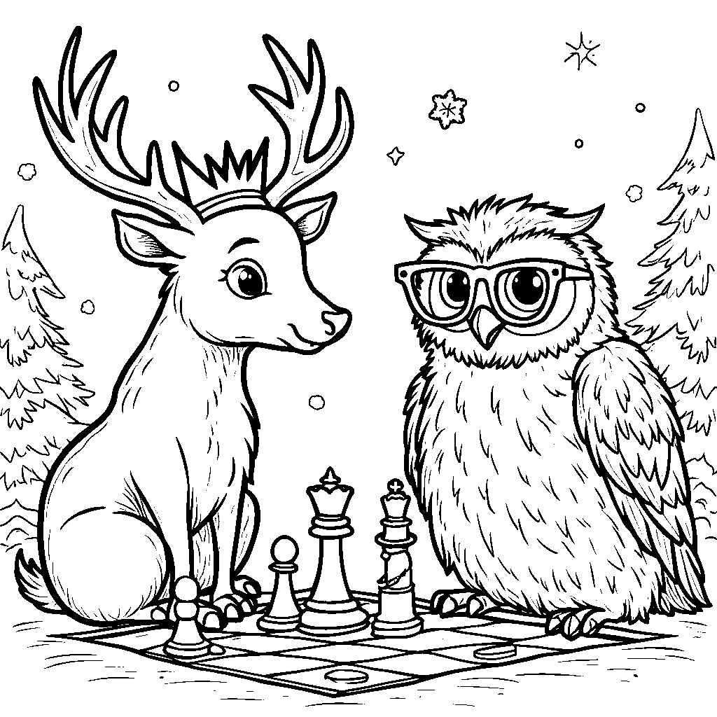 Reindeer playing chess with a wise old owl