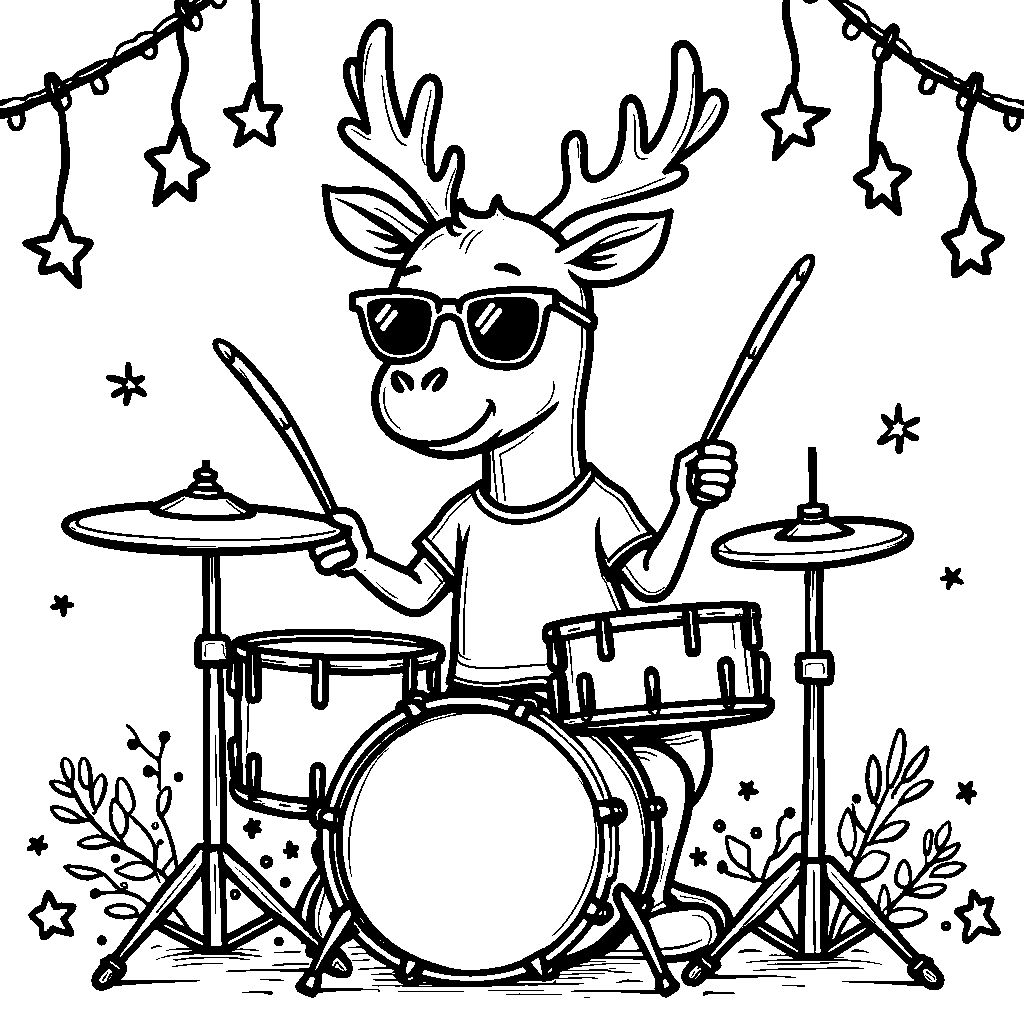 Reindeer playing the drums in a rock band