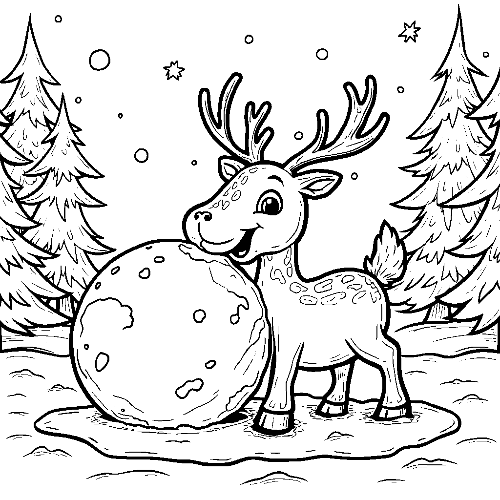 Reindeer playing with a big ball of snow