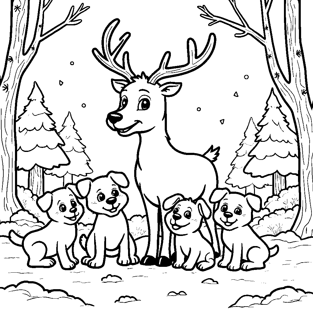 Reindeer playing with a bunch of puppies