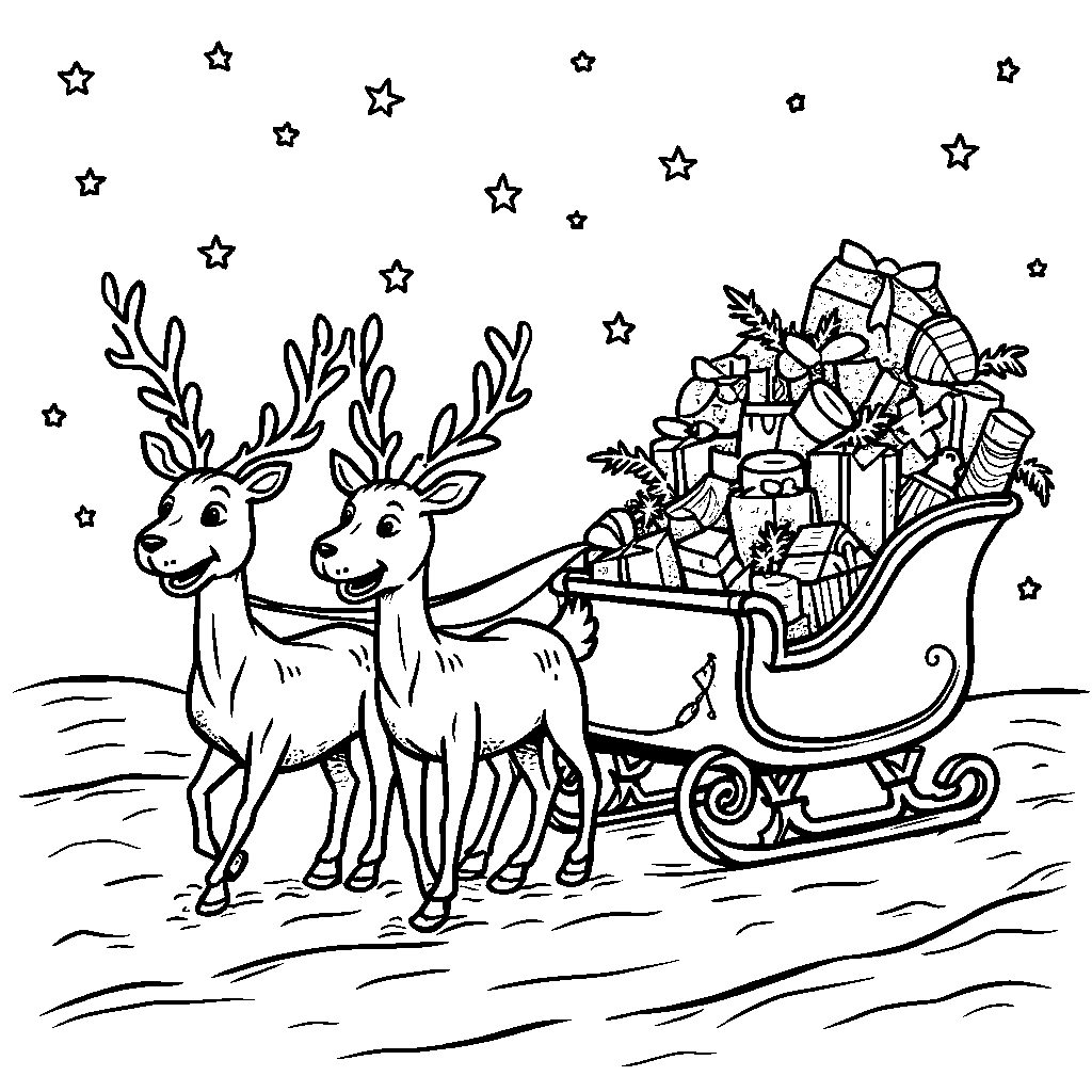 Reindeer pulling a sled full of toys