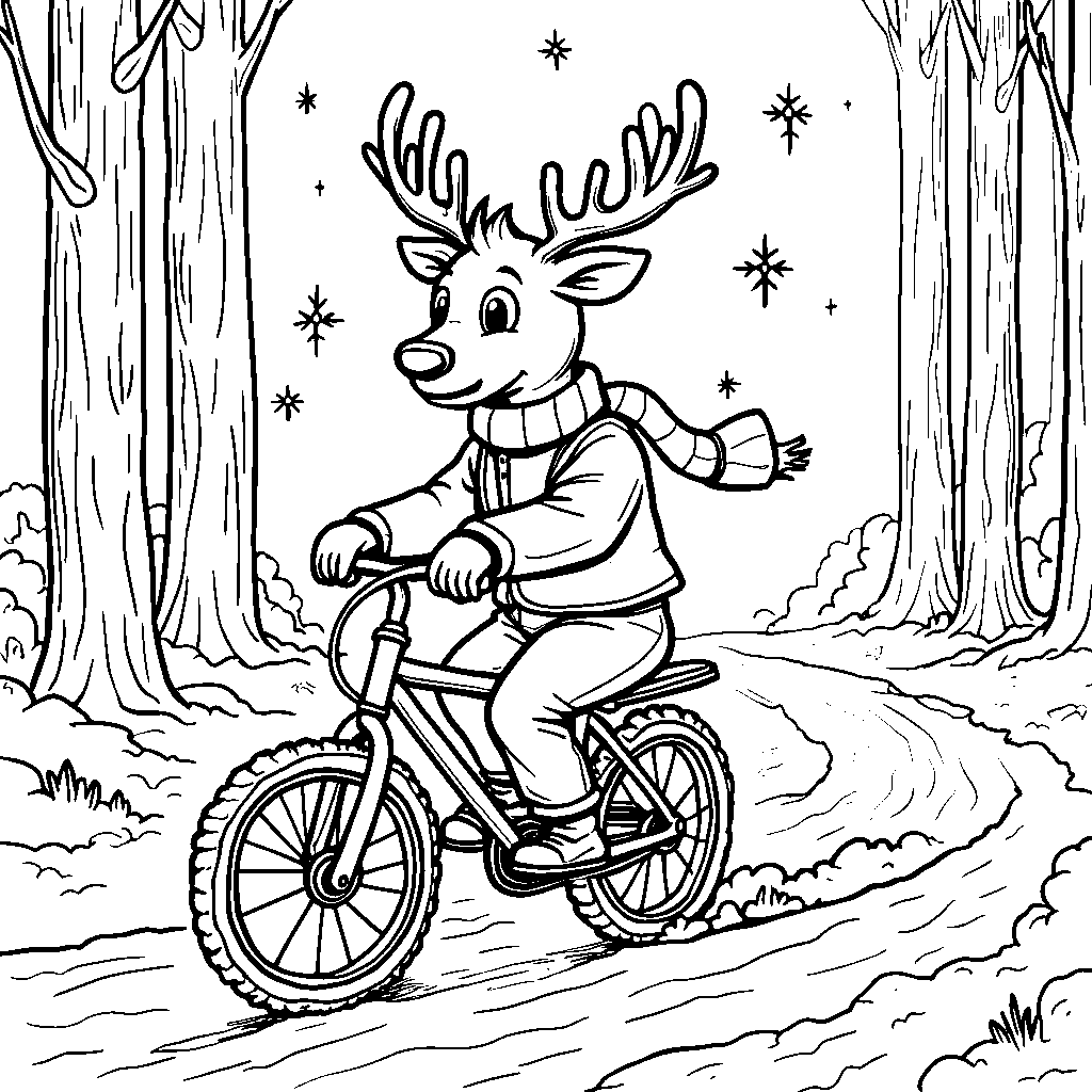 Reindeer riding a bike through the snowy woods