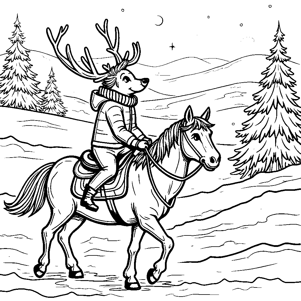 Reindeer riding a horse through the snowy countryside