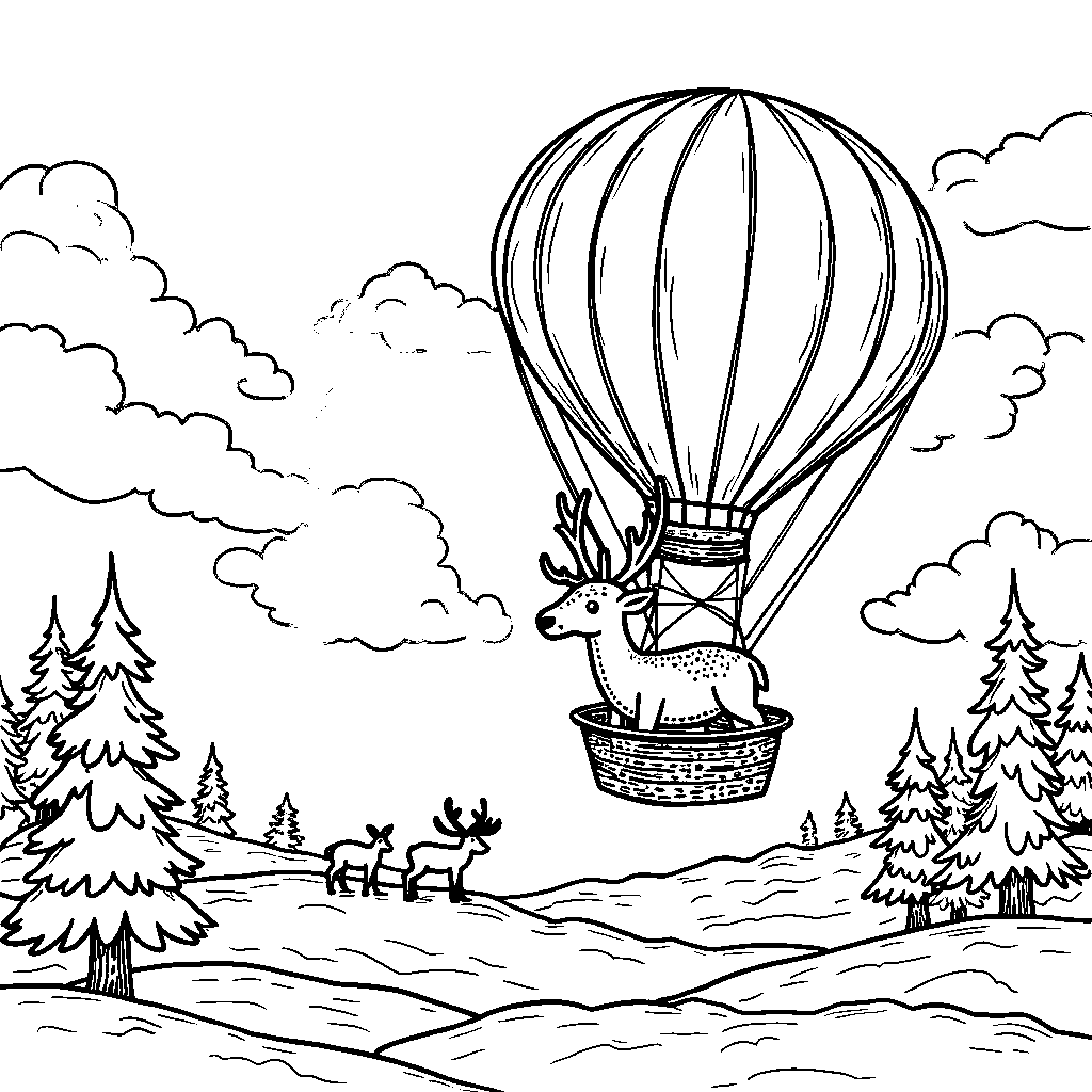 Reindeer riding a hot air balloon above the tundra