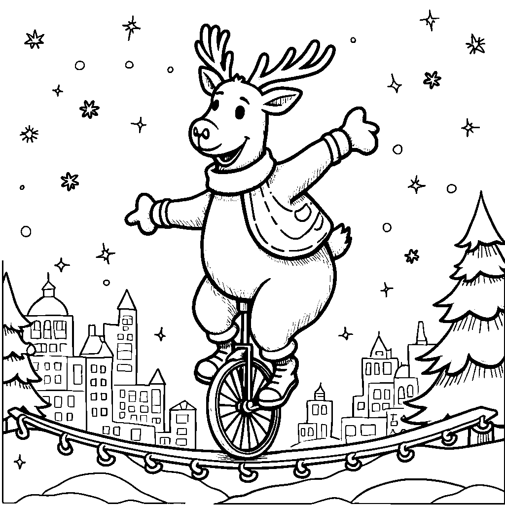 Reindeer riding a unicycle on a tightrope