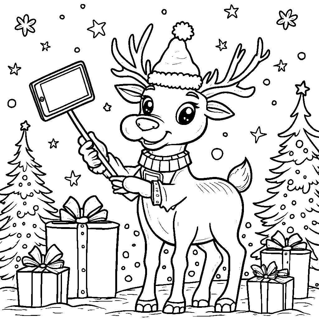 Reindeer taking a selfie with a festive holiday background