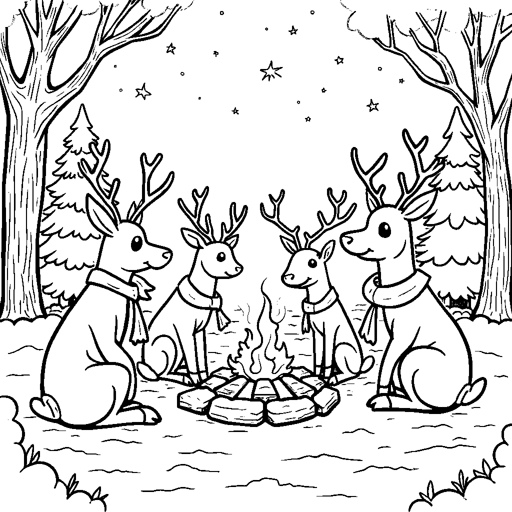 Reindeer telling stories around a campfire