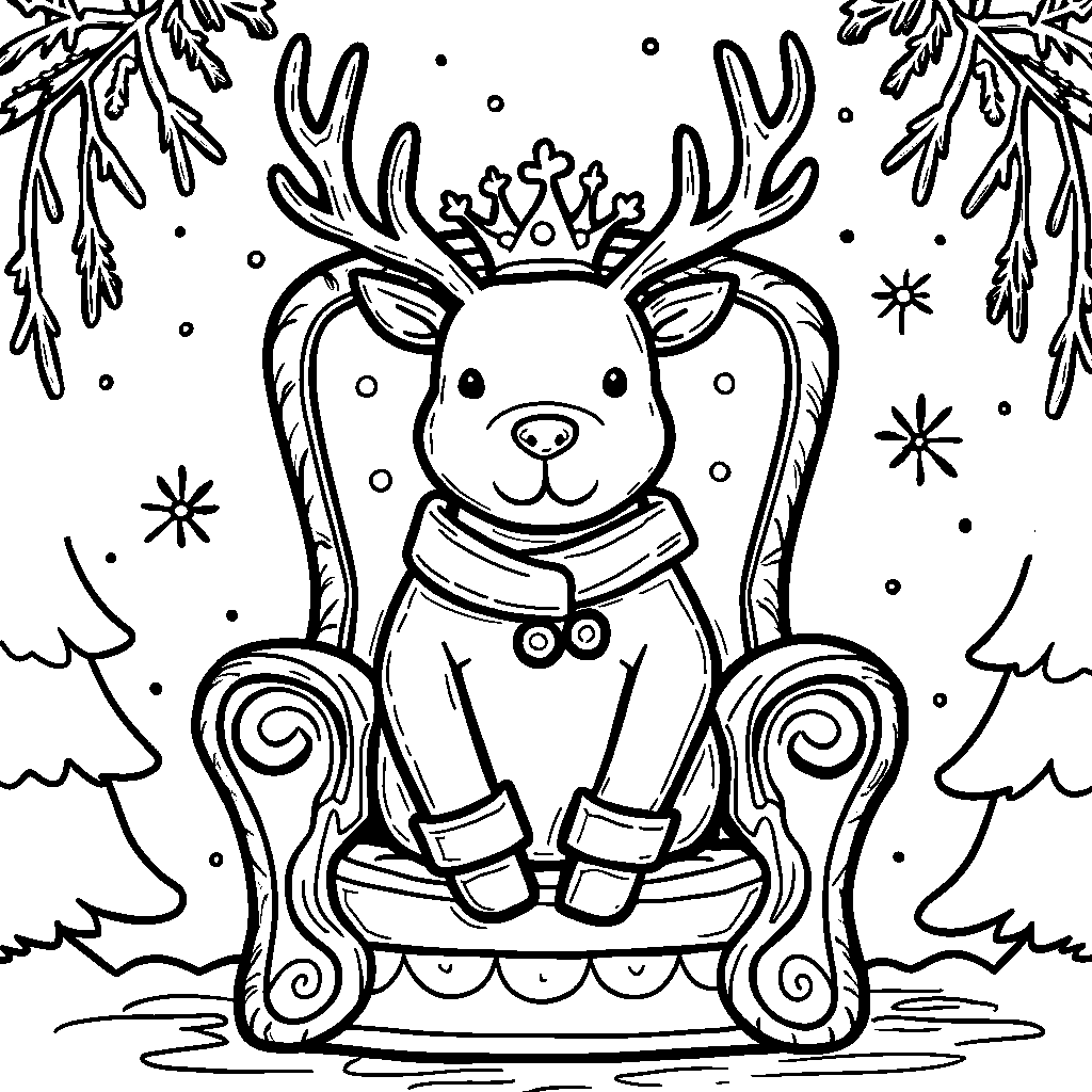 Reindeer wearing a crown and sitting on a throne