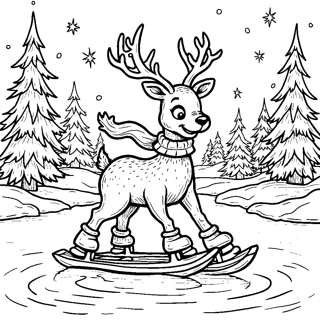 Reindeer wearing a pair of ice skates and gliding across the ice