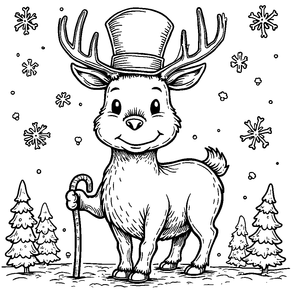 Reindeer wearing a top hat and holding a cane