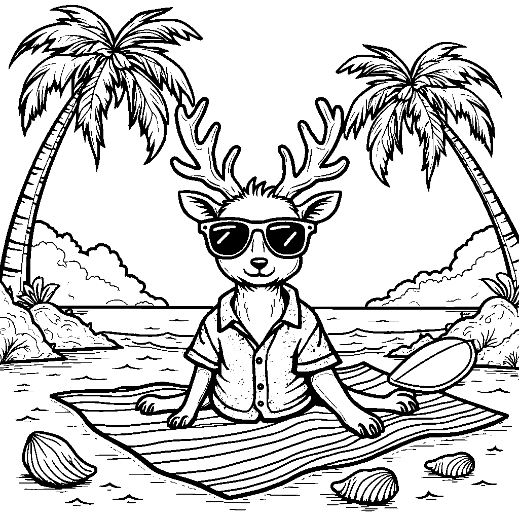 Reindeer wearing sunglasses and a Hawaiian shirt on a beach vacation