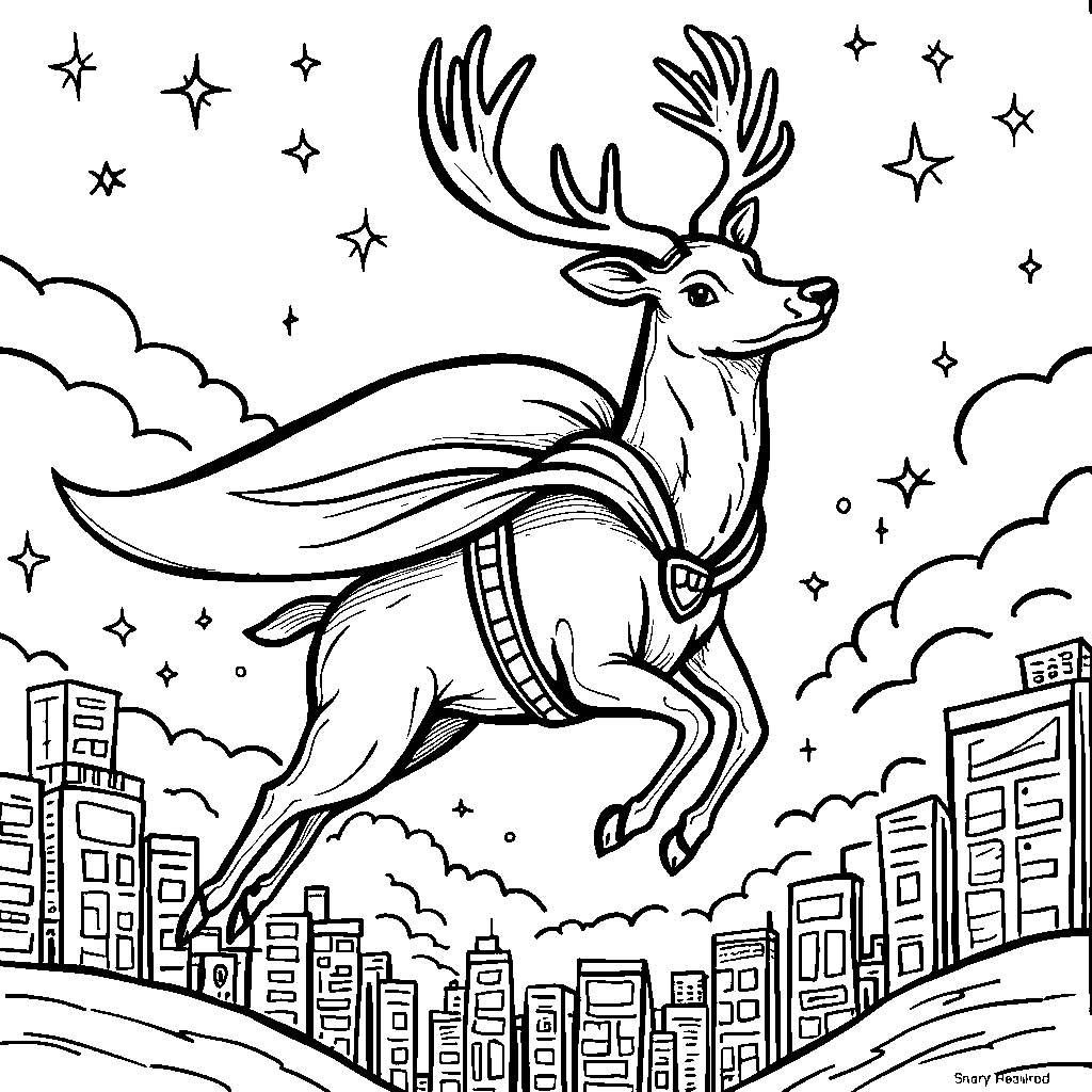 Reindeer with a superhero cape flying through the sky