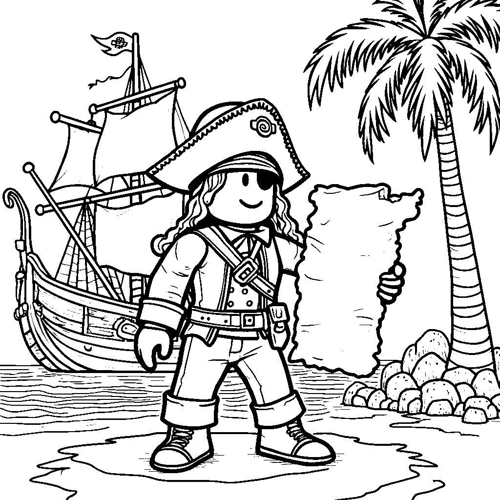 A Roblox Avatar Dressed as a Pirate with a Treasure Map