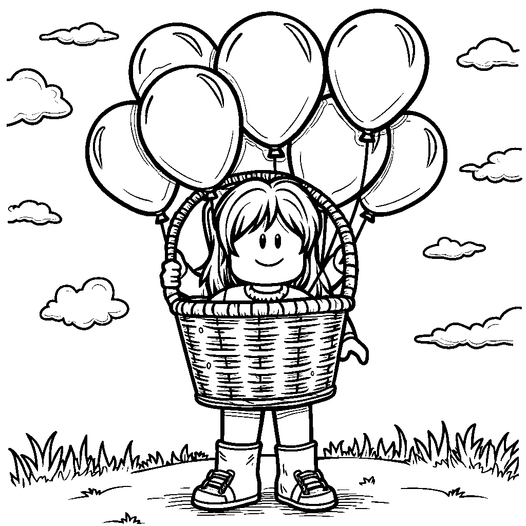 A Roblox Character Holding a Basket of Colorful Balloons