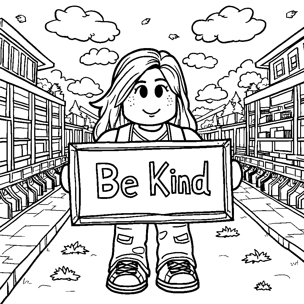 A Roblox Character Holding a Sign that Says 'Be Kind'