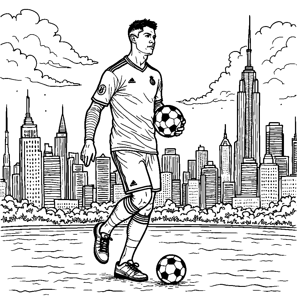 Ronaldo holding a soccer ball with a city skyline at night