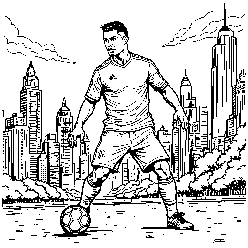 Ronaldo holding a soccer ball with a cityscape in the background