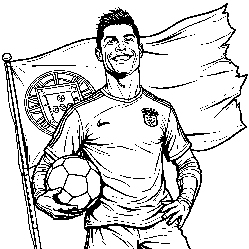 Ronaldo holding a soccer ball with a Portuguese flag in the background