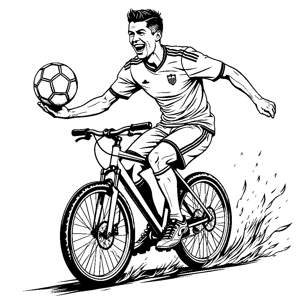 Ronaldo riding a bike while holding a soccer ball