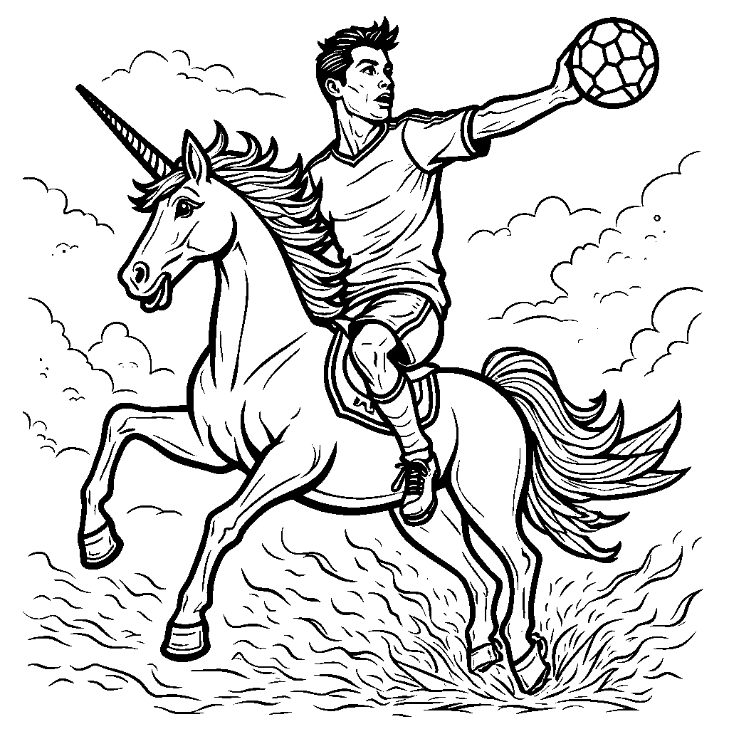 Ronaldo riding a unicorn while holding a soccer ball