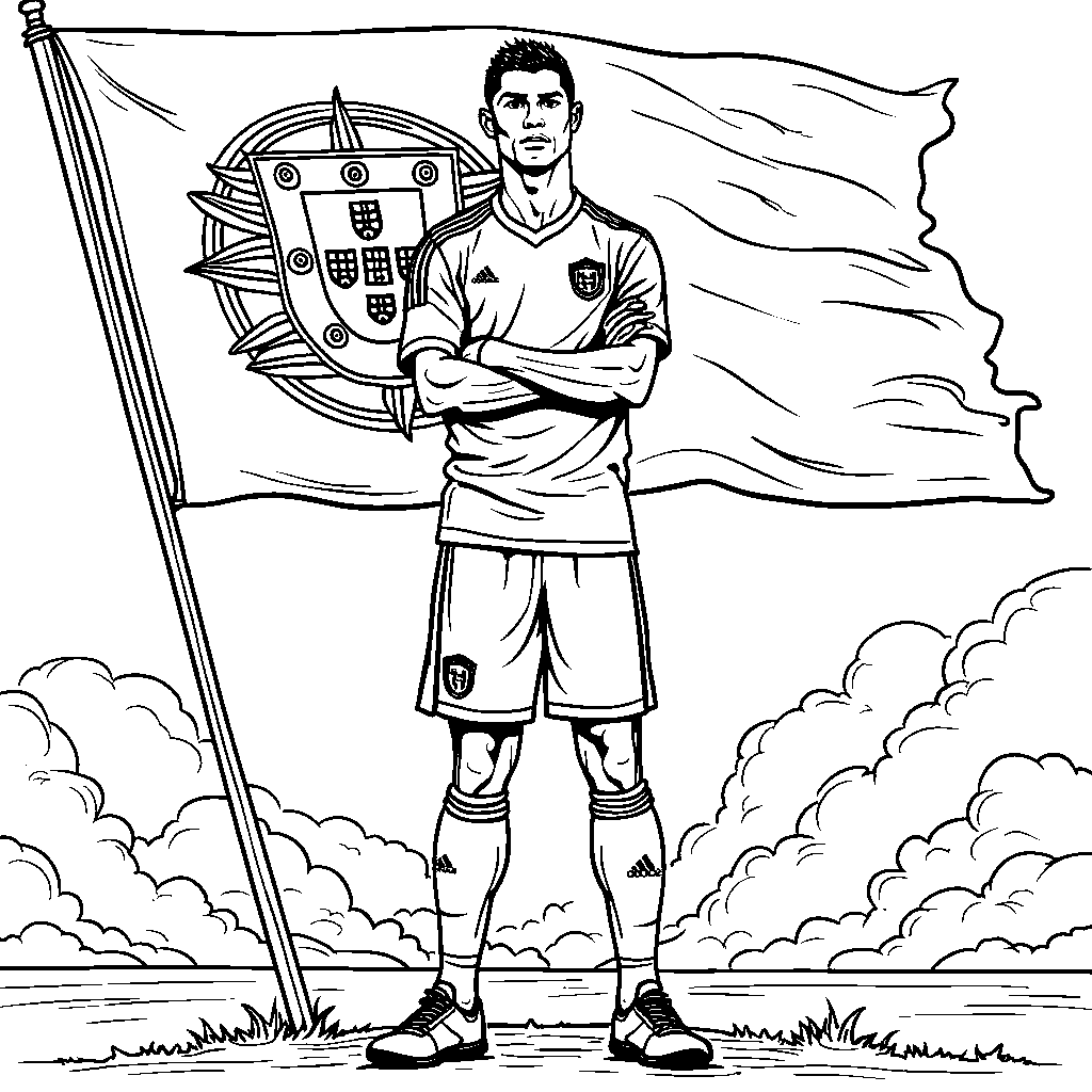 Ronaldo standing in front of a giant Portuguese flag