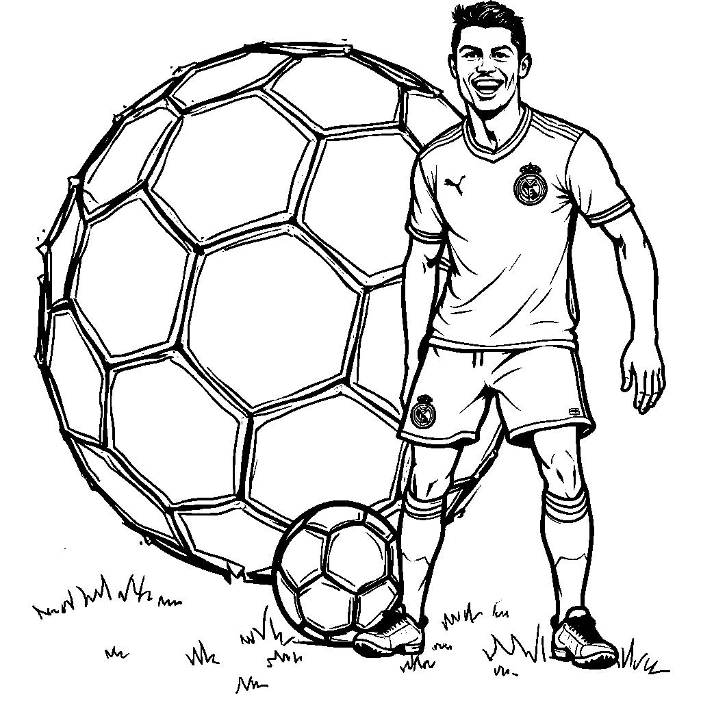 Ronaldo standing in front of a giant soccer ball with a smile