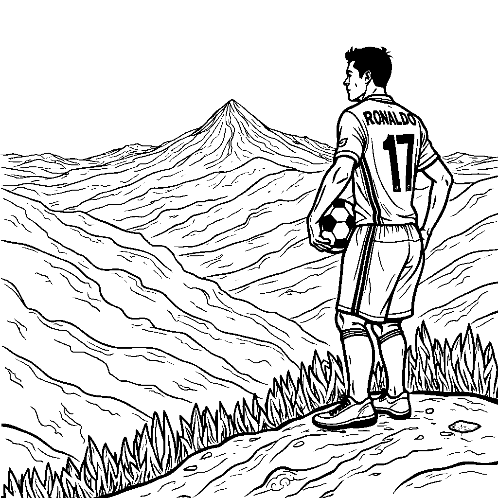 Ronaldo standing on top of a mountain with a soccer ball