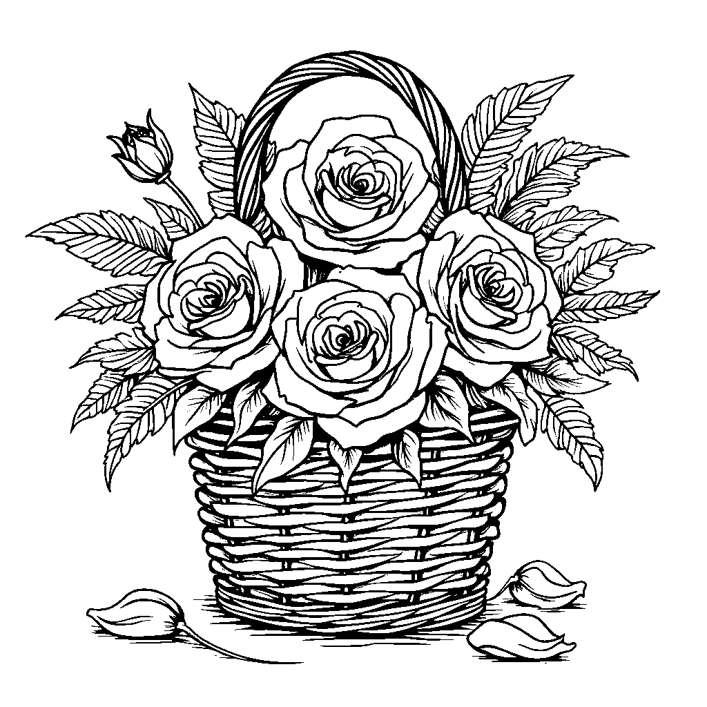 A bouquet of roses in a basket with a handle