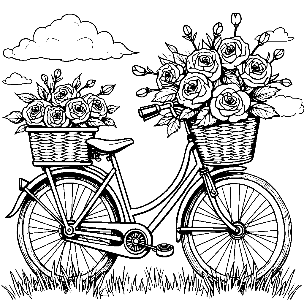 A bouquet of roses in a bicycle basket with wheels