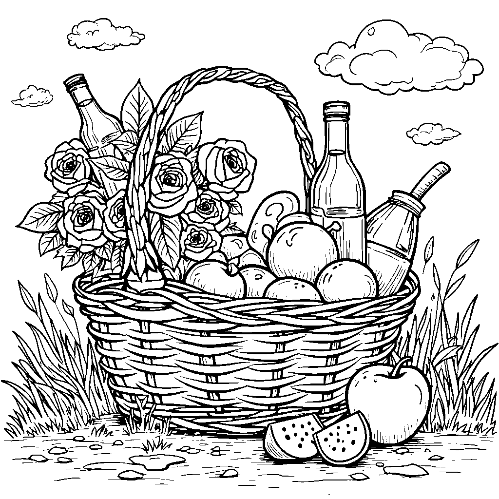 A bouquet of roses in a picnic basket with food